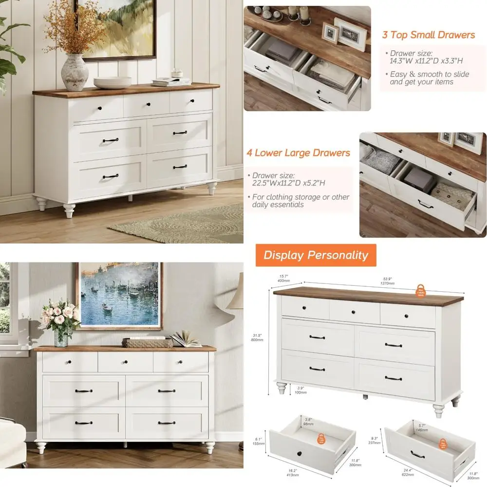 

7-drawer wide wooden chest for kids' bedroom, distressed finish mid-century style storage dresser