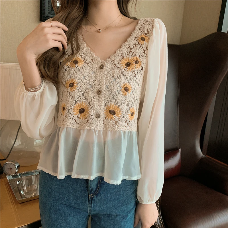 Crochet Top Chiffon Flower Embroidery Daisy Long Sleeve Button Front Fake Two-Piece Blouse Spring Summer Fairycore Cottagecore