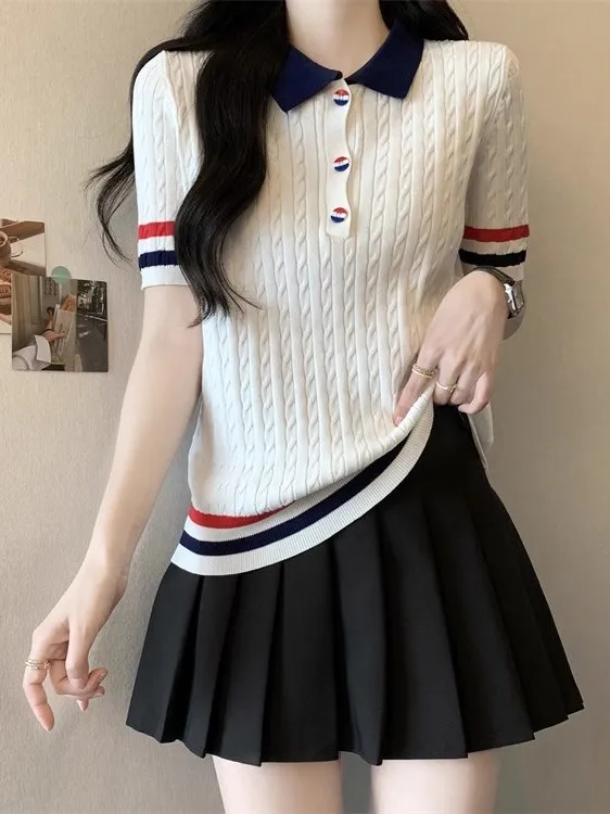 Summer Ice Silk Knitted Top Women's Fashion Short Sleeve Collar Striped T-Shirt Korean Style Loose Fit Knitwear