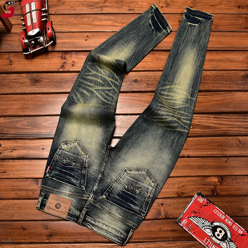 

High-End Motorcycle Jeans Men's Autumn Washed-out Vintage Nostalgic Fall Slim Fit Straight Stretch Denim Long Pants