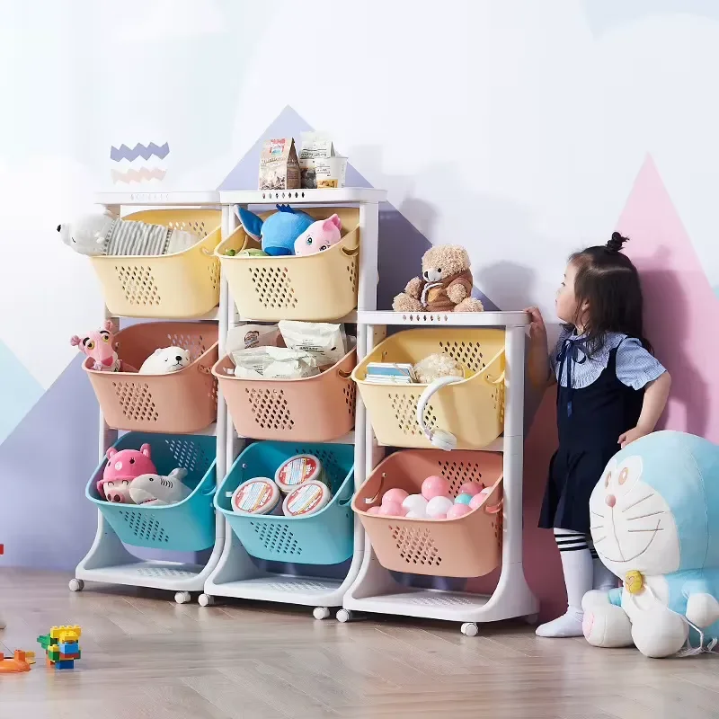 New Colored Plastic Children Laundry Basket Kitchen Storage Shelf with Wheels
