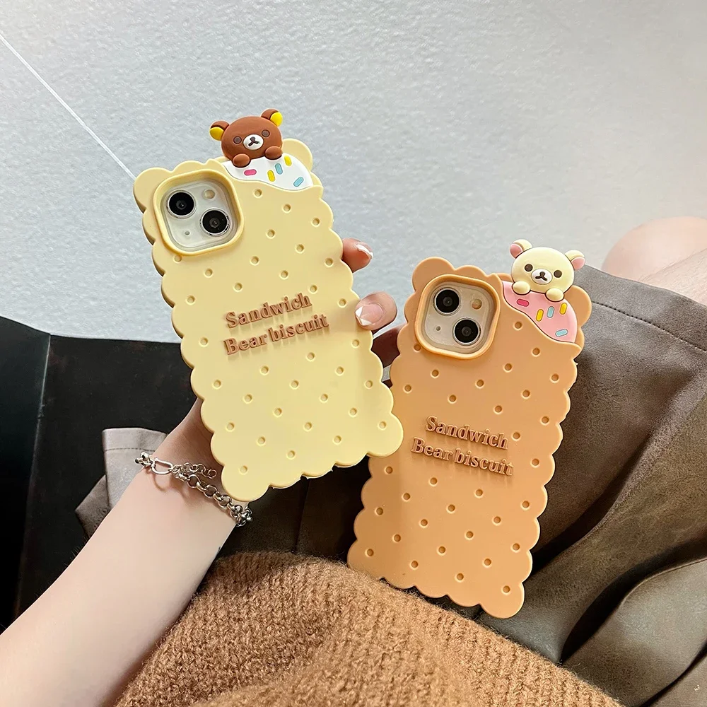 Cute Funny Rilakkuma Bear Biscuit Case for IPhone 16 15 14 13 12 11 Pro Max Soft Silicone Shockproof Coque Fashion Protect Cover