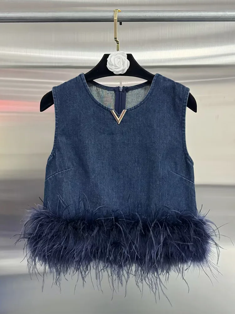 VGH Casual Patchwork Feathers Loose Tank Tops For Women Round Neck Sleeveless Spliced Zipper Minimalist Denim Vests Female New