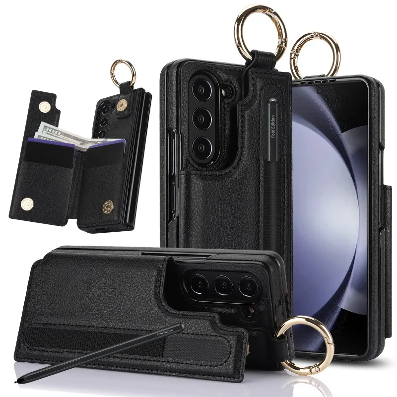 

PU Leather Ring Phone Case for Samsung Galaxy Z Fold 6 5 4 3 Fold6 Fold5 Fold4 Fold3 Wallet with Pen Holder & Card Slot (No Pen)