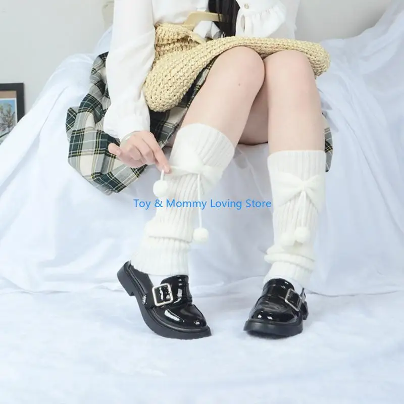 Y1QF لون الصلبة الخريف الشتاء الركبة عالية الأطفال Bowknot تدفئة الساق مع الجوارب الكرة