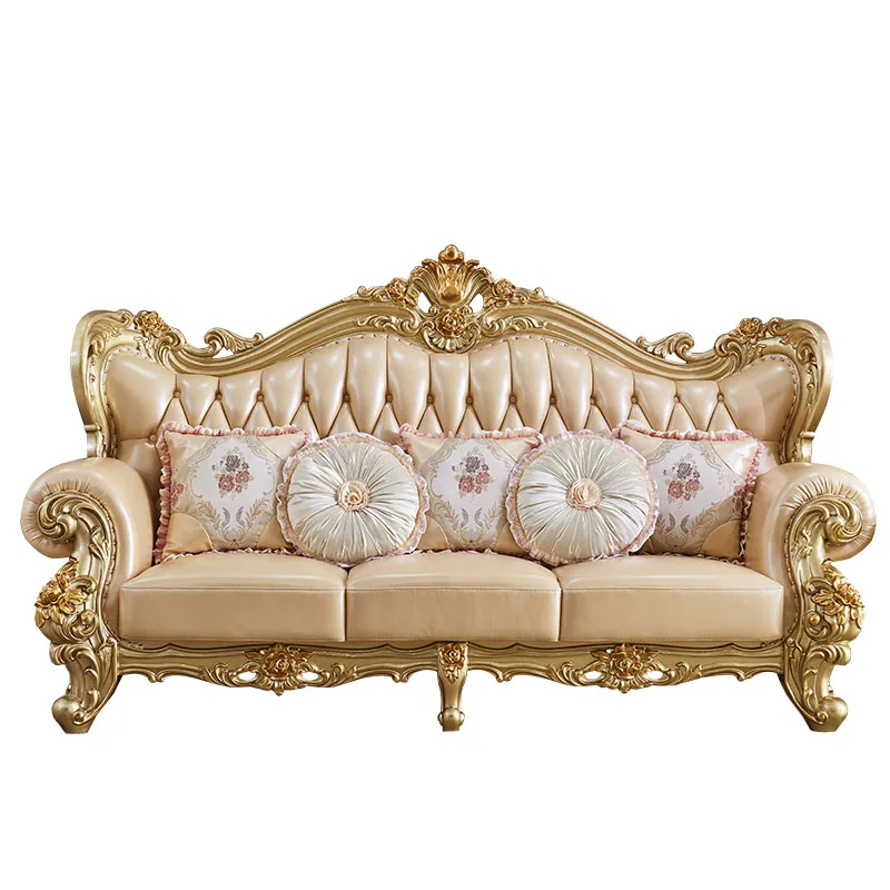 Premium europejskiej Sofa z prawdziwej skóry 123 połączenie stałe drewno rzeźbione szef warstwy wołowej złota pełna dom dzienny meble pokojowe