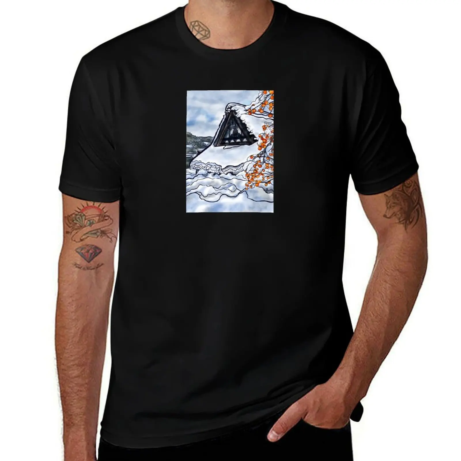 

Winter in Shirakawa-go, black outline T-Shirt blue lock summer shirt oversized graphic tee blacks tee shirts for men