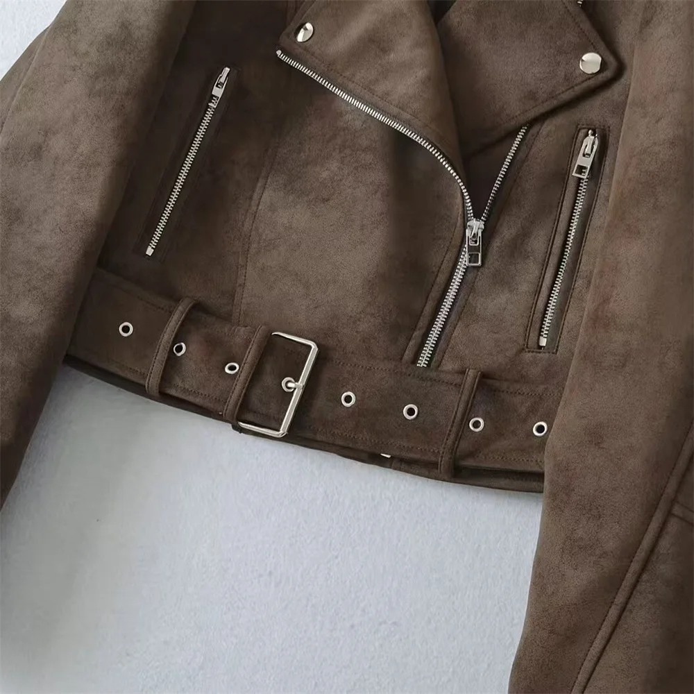 Autunno nuovo prodotto moda donna colletto casual cintura cappotto giacca da motociclista in similpelle ampia e versatile