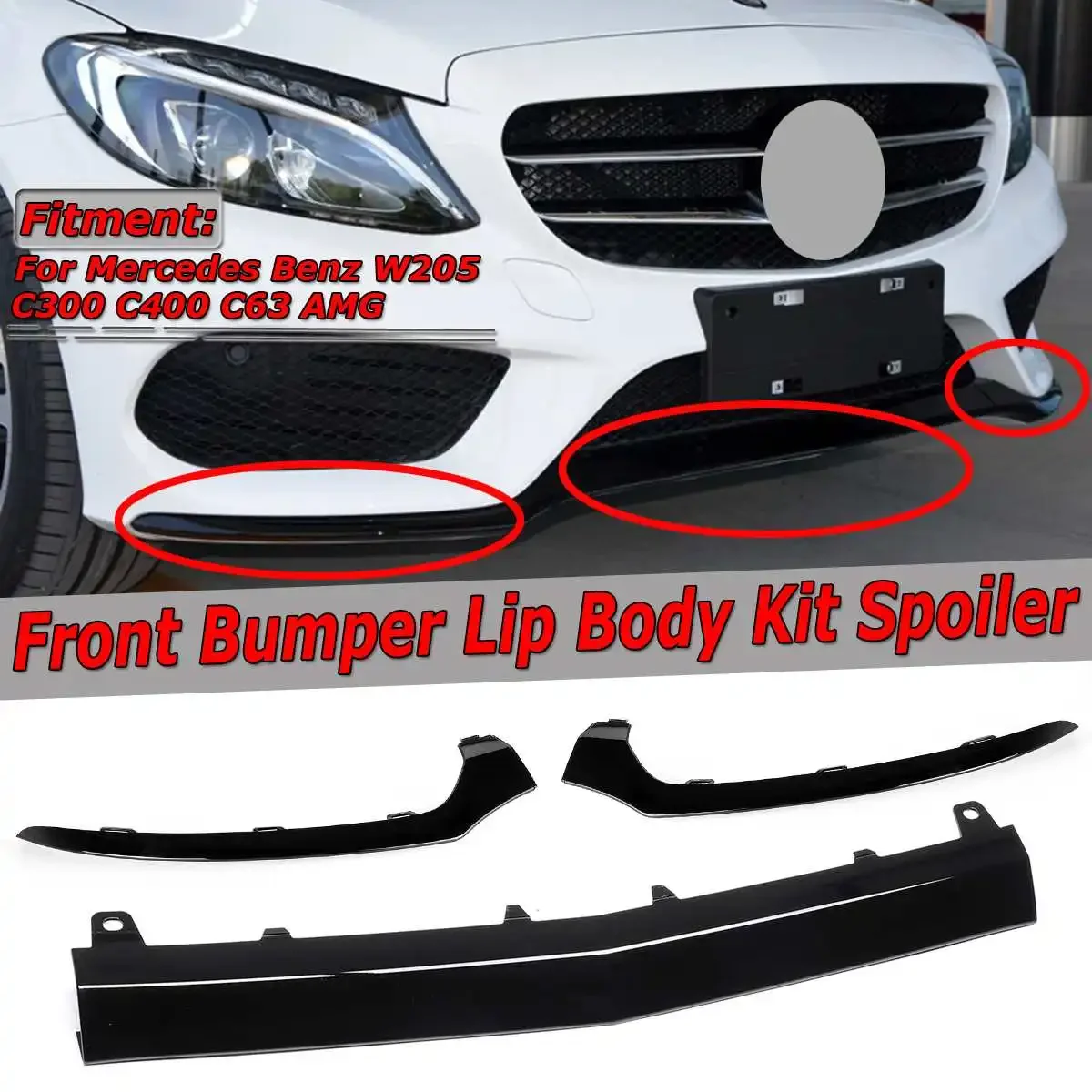 

3Pcs Car Front Bumper Lip Chin Body Kit Spoiler Splitter Cover Molding Trim For Mercedes For BENZ W205 C300 C400 C63 For AMG