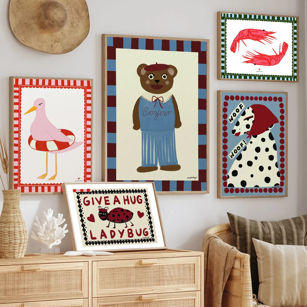 1pc frameless Canvas Painting Bonjour Bear Butterfly Ladybug Seagull Dog Animal Poster Canvas Painting Vintage Cute Wall Art For