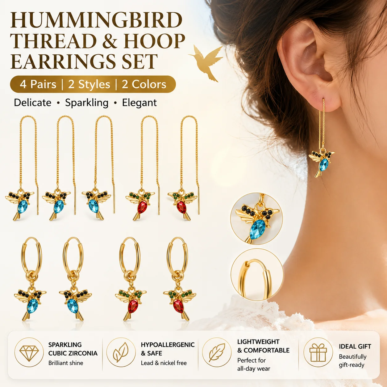 Elegant Hummingbird Threader Earrings Long Chain Crystal Bird Dangle Jewelry for Women