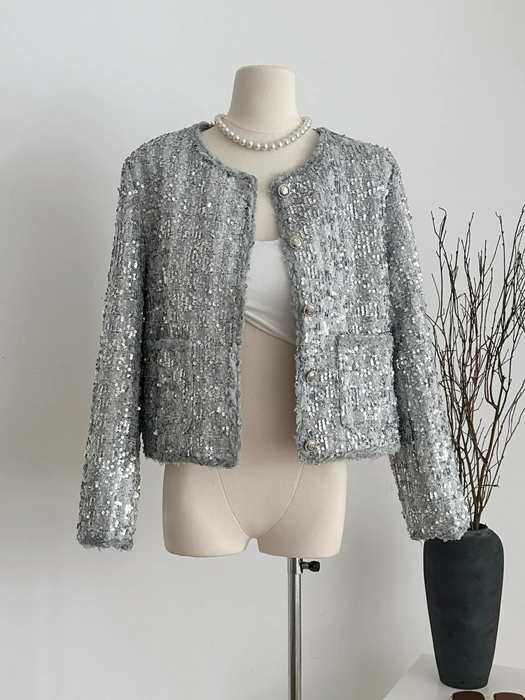 Champagne sequin jacket for women High quality Spring autumn Metal single breasted blazer Ladies outwear 2024 New INKEO 3O268