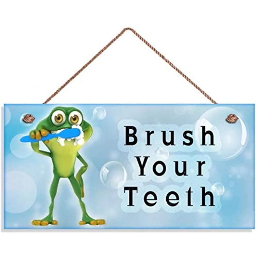 Ceplar tus dientes, letrero de madera, letrero recordatorio para baño, placa de pared, rana, cepillado de dientes, burbujas, 12x6ihes, 1068qq