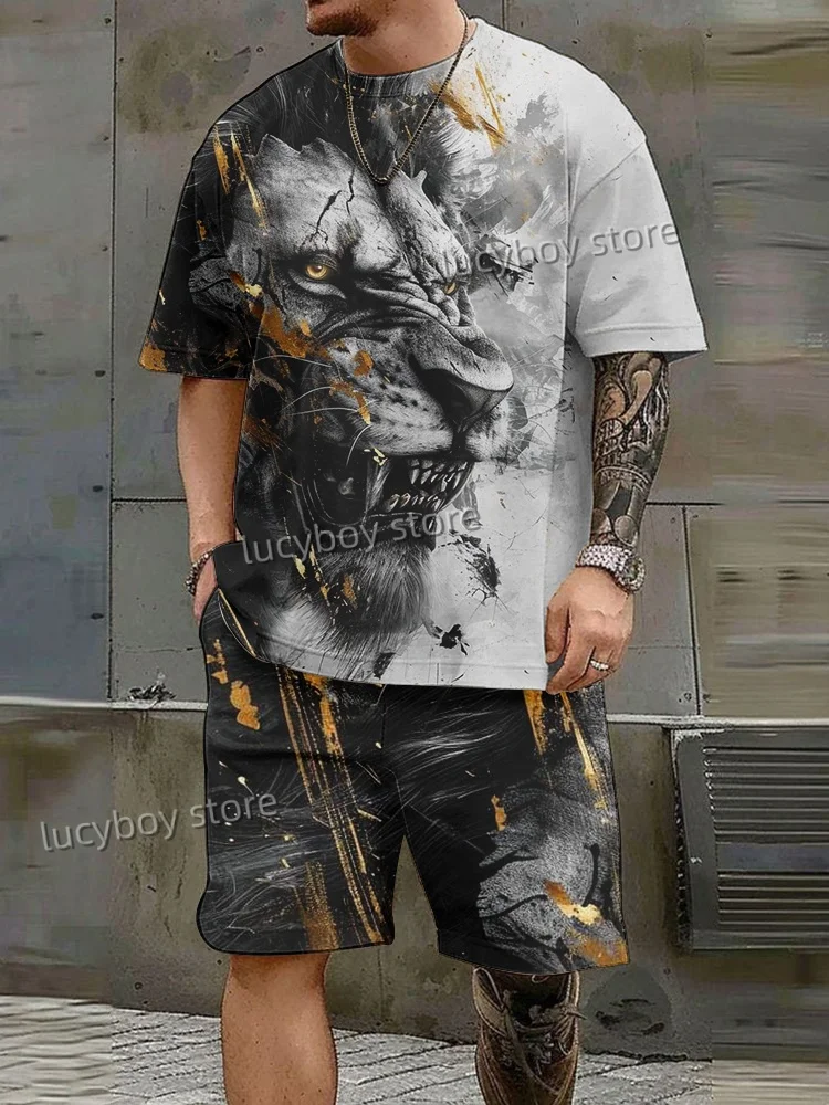 LION Printed Sport running  T-shirt+shorts Suit Set Men Male Luxury Tracksuit Outfit Summer Oversized 2 Piece Set Clothes