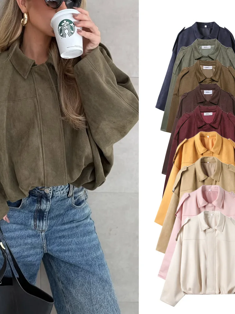 Loose Suede Jacket Women's Street Style Pilot Coat Fall Velvet Surface 9 Colors Available Breathable Long Sleeve Zipper Closure