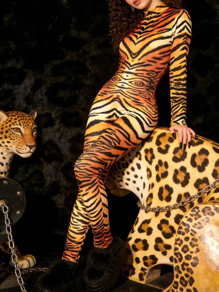 Damen Leoparden-Catsuit, eng anliegender Jumpsuit, Cosplay-Outfit, Halloween, Dschungel-Tier-Thema, Rave, Nachtclub, Tanz, Bühnenkostüm – Detail 14