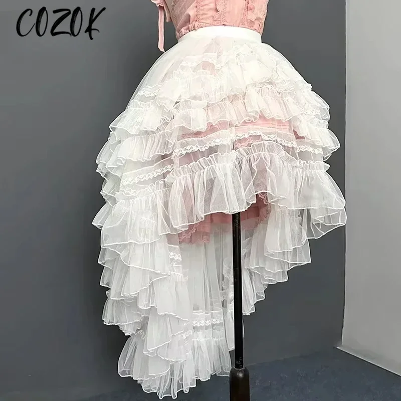 สไตล์ญี่ปุ่น Gothic Lolita ลูกไม้ชั้น Jsk เจ้าหญิงกระโปรงผู้หญิง Kawaii น่ารักตาข่าย Ruffles ชุดราตรี Y2k กระโปรงกระโปรงยาว