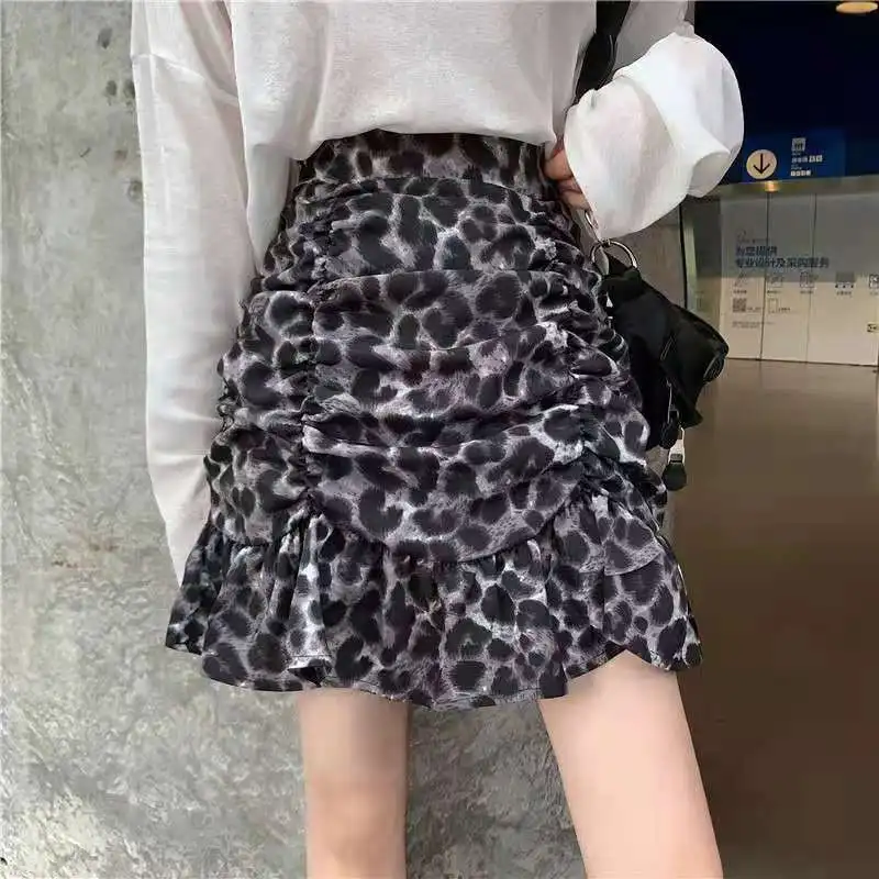 

Korean Ins Design Sense Spice Girl High Waist Slim Skirt Womens Summer New Fashion Plus Size Ruffled Wild Leopard Skirt Tide