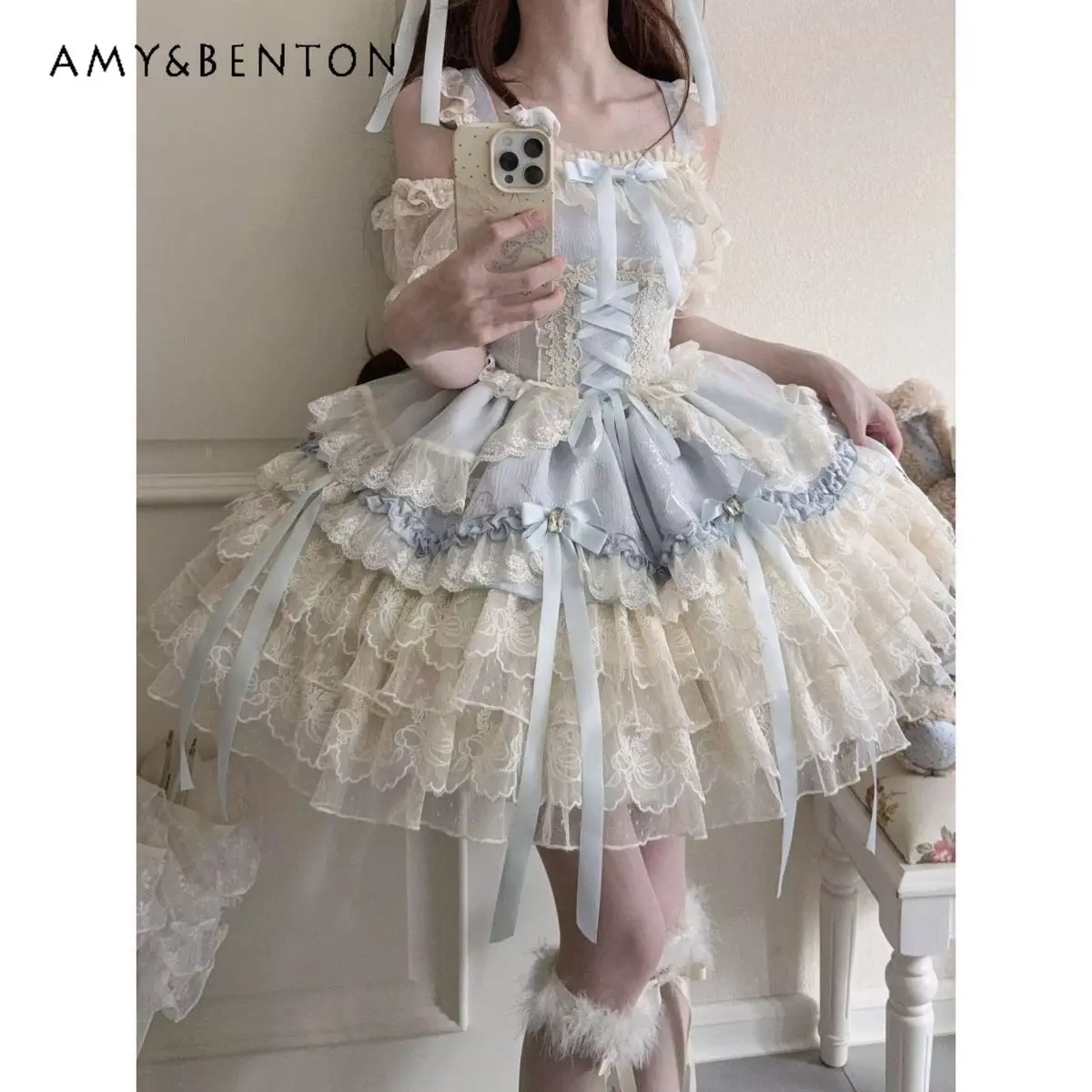 

Kids Girls 2026 New Summer Lolita JSK Slip Dress Sweet Medium and Large Childrens Heavy Lace Embroidery Ballet Bow Ball Gown
