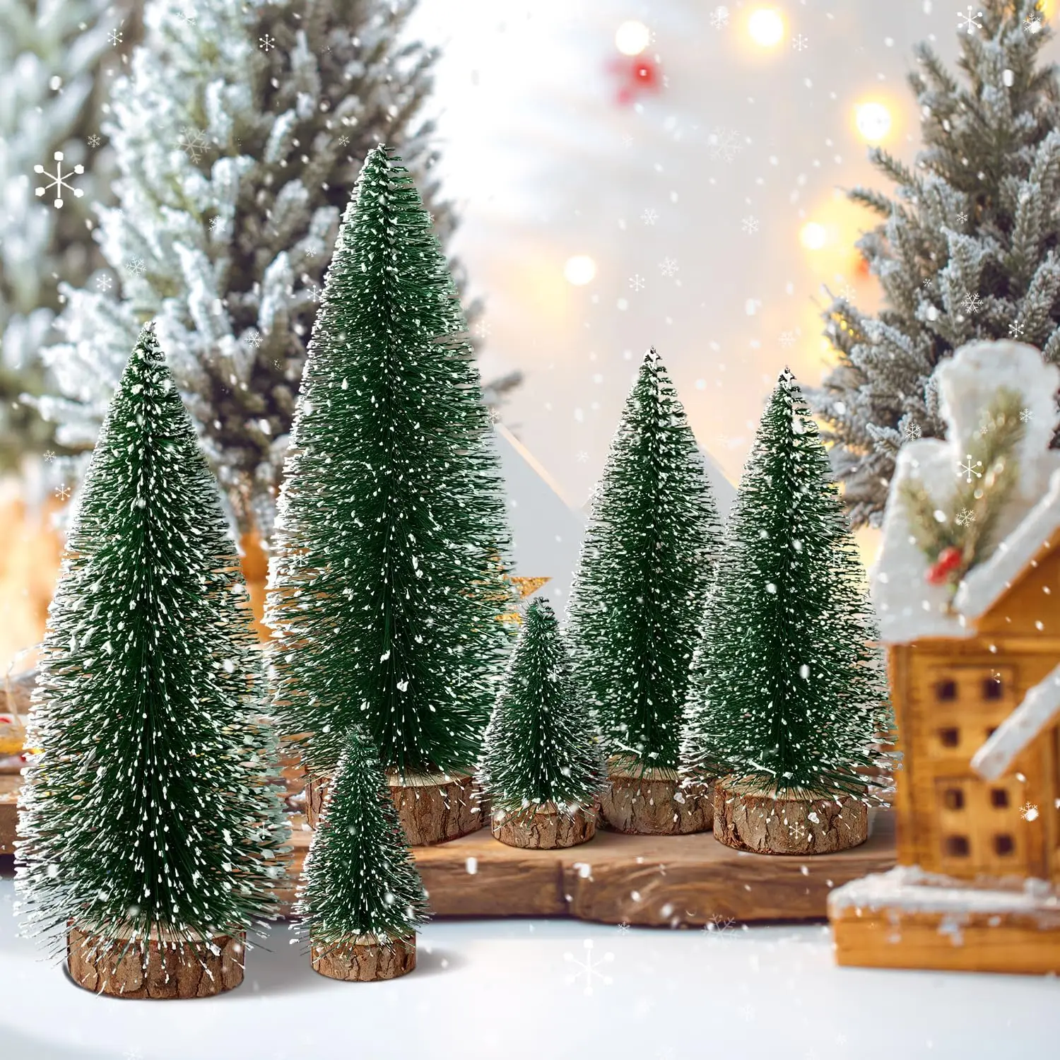 Desktop miniatuur kerstbomen Mini dennenboom met sneeuw- en houten basis voor Kerstvakantiefeest Thuis Tafelblad Auto Tuin Decor