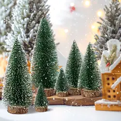 Desktop miniatuur kerstbomen Mini dennenboom met sneeuw- en houten basis voor Kerstvakantiefeest Thuis Tafelblad Auto Tuin Decor