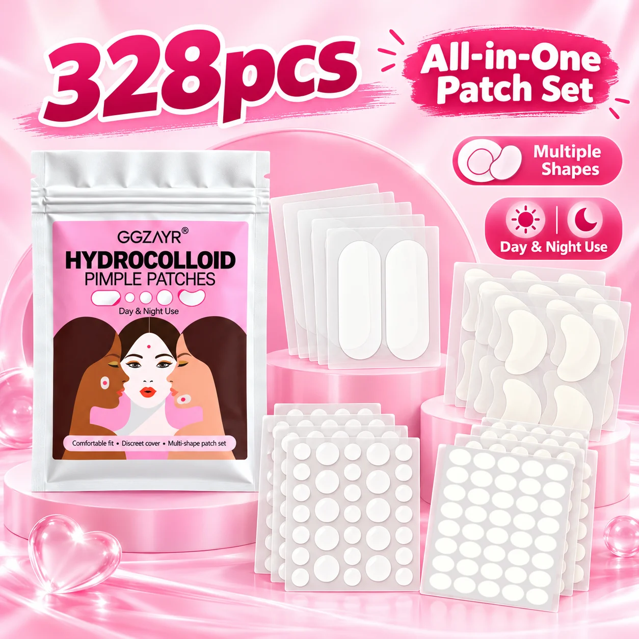 328PCS Hydrocolloid Pimple Patches, Multi Shape Spot Cover Stickers, Round Heart Oval Patch Set for Daily Skin Care