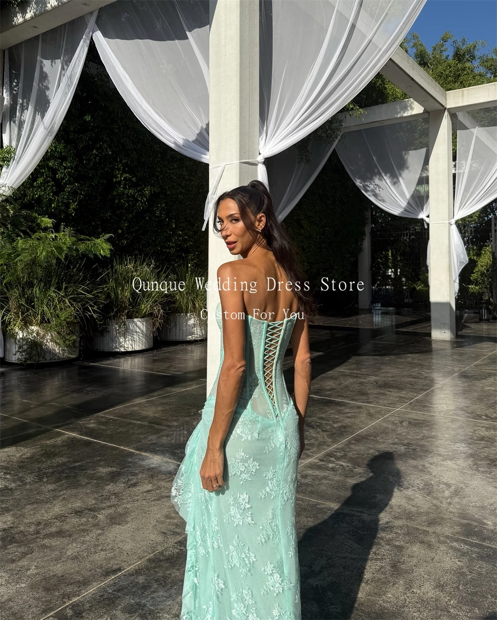 

Qunque Mint Green Tulle Off Shoulder Prom Dresses Sexy High Split Robes De Soirée Lace Ruffles Mermaid Evening Gowns Customized