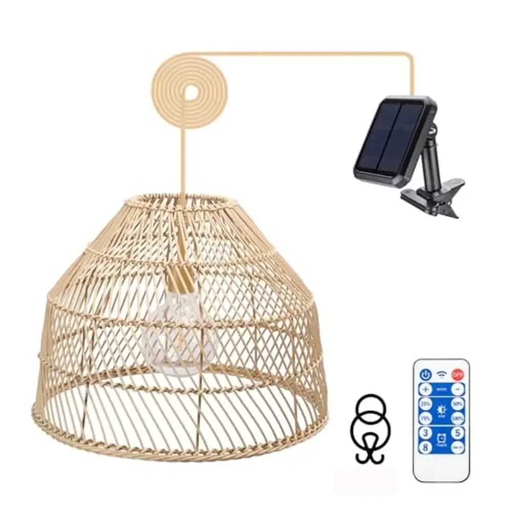 Solar Powered Outdoor Rattan Chandelier with Remote Control IP65 Weather Resistant Boho Style Pendant Light