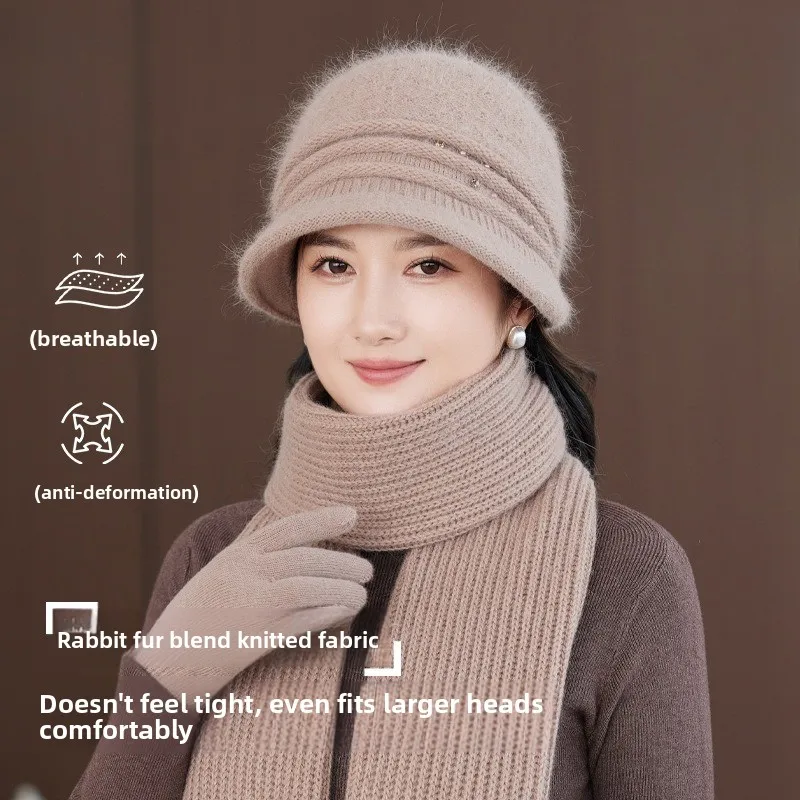 Autumn and Winter New Rabbit Fur Blended Knitted Hat Versatile Women's Warm Thickened Ear Protection Neck Wool Hat Scarf Set
