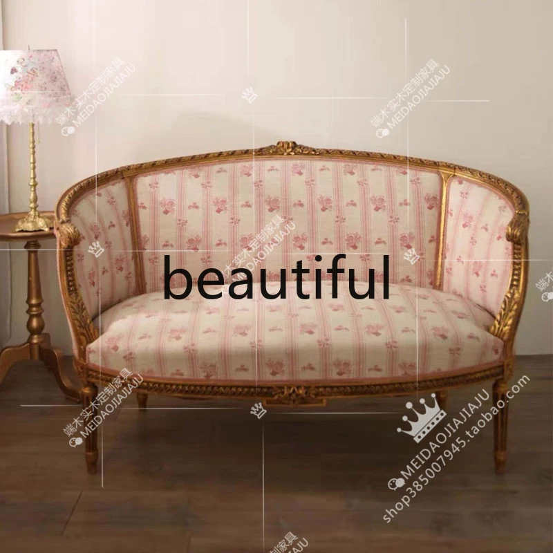 French retro solid wood carving flower double triple sofa chair American fabric printing arc leisure sofa