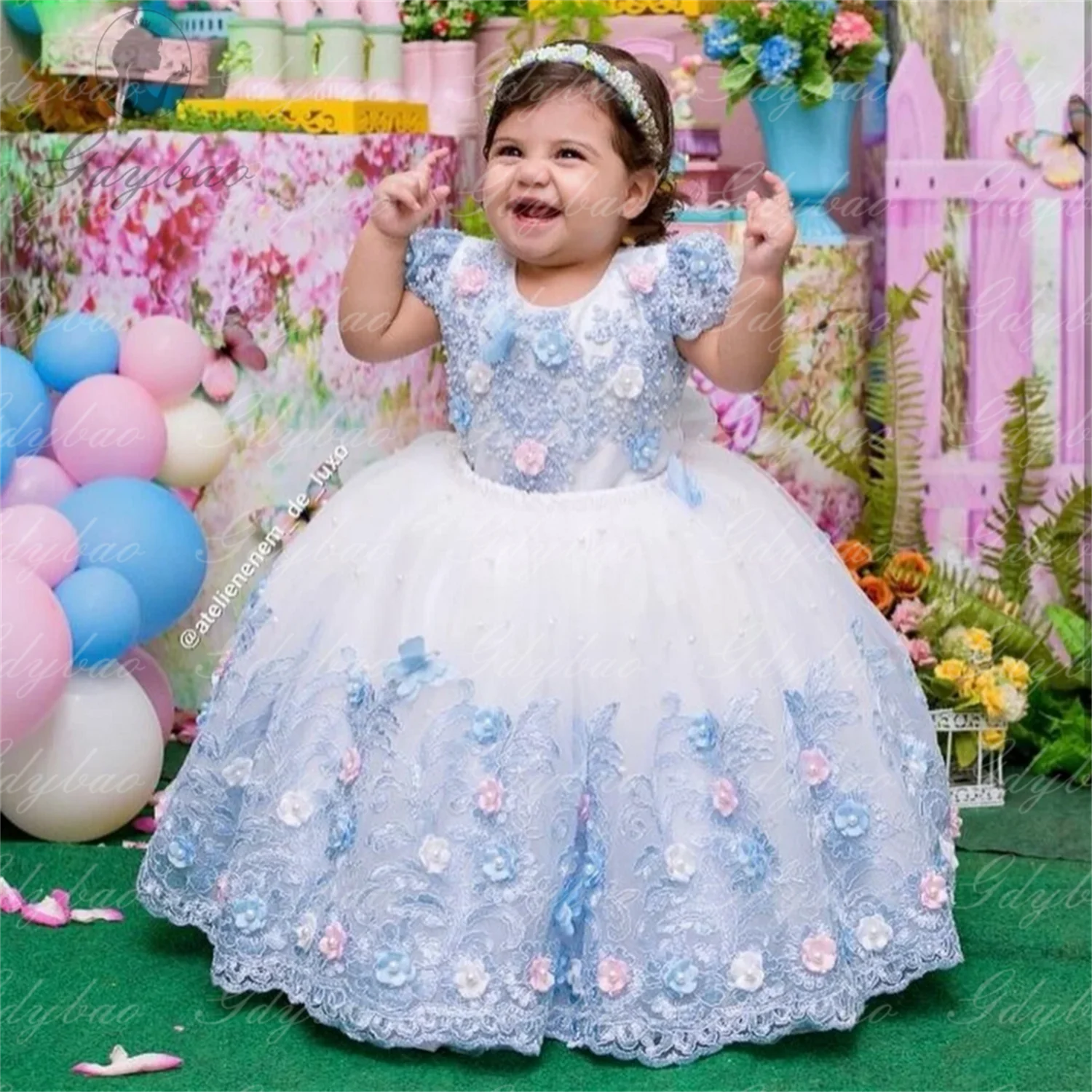 Flower Girl Dresses Luxury Princess Applique For Wedding Tulle Pearls Ball Kids Pageant Gown Birthday Party First Communion Wear