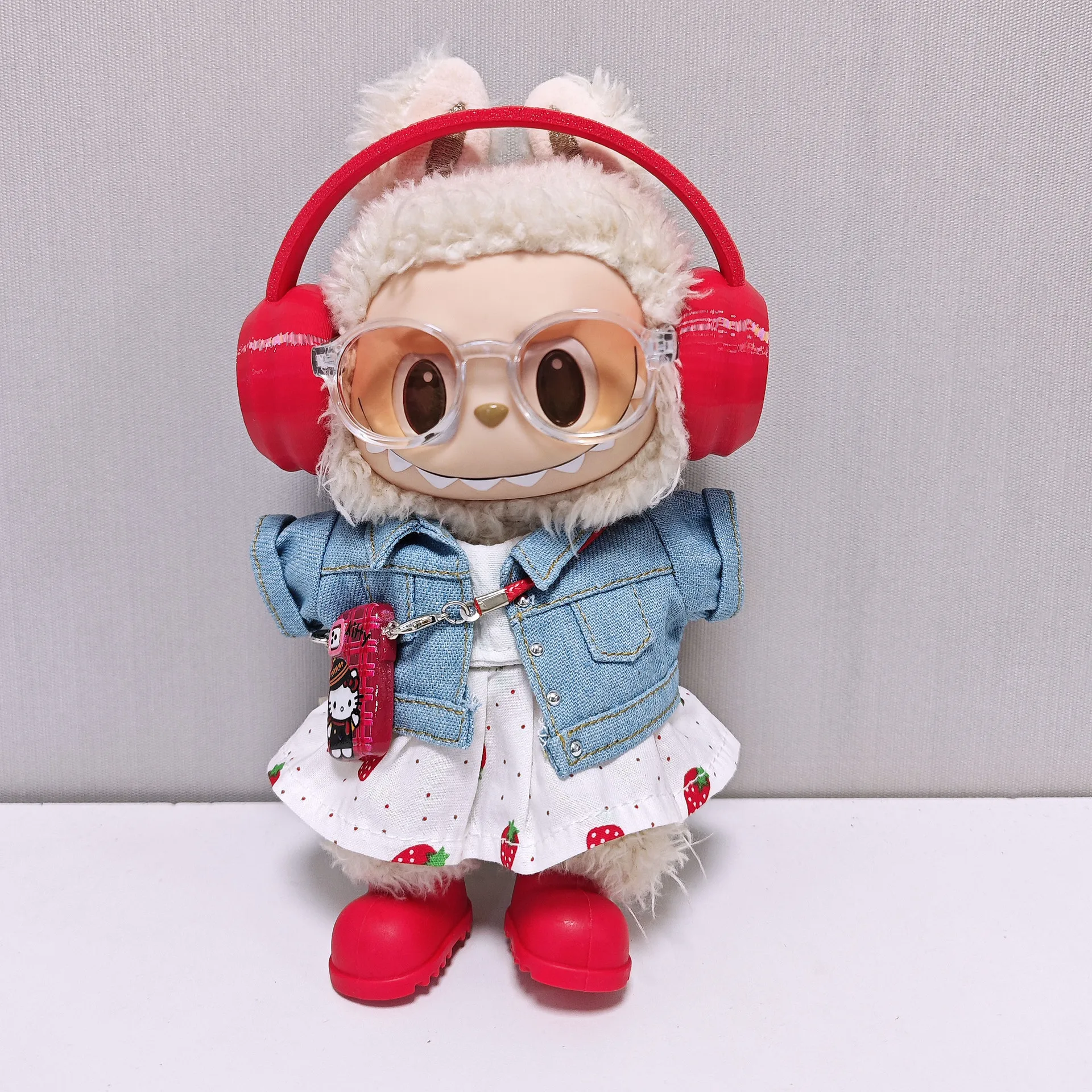 

[Doll clothes only] labubu doll clothes 17cm 1,3 generation vinyl plush doll denim jacket strawberry skirt set cute skirt