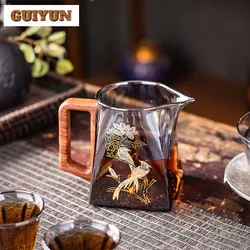 High End Flower And Bird Glass Fair Cup With Handle Heat Resistant Tea Dispenser Tea Brewing Kettle Tea Pitcher Teaset Drinkware