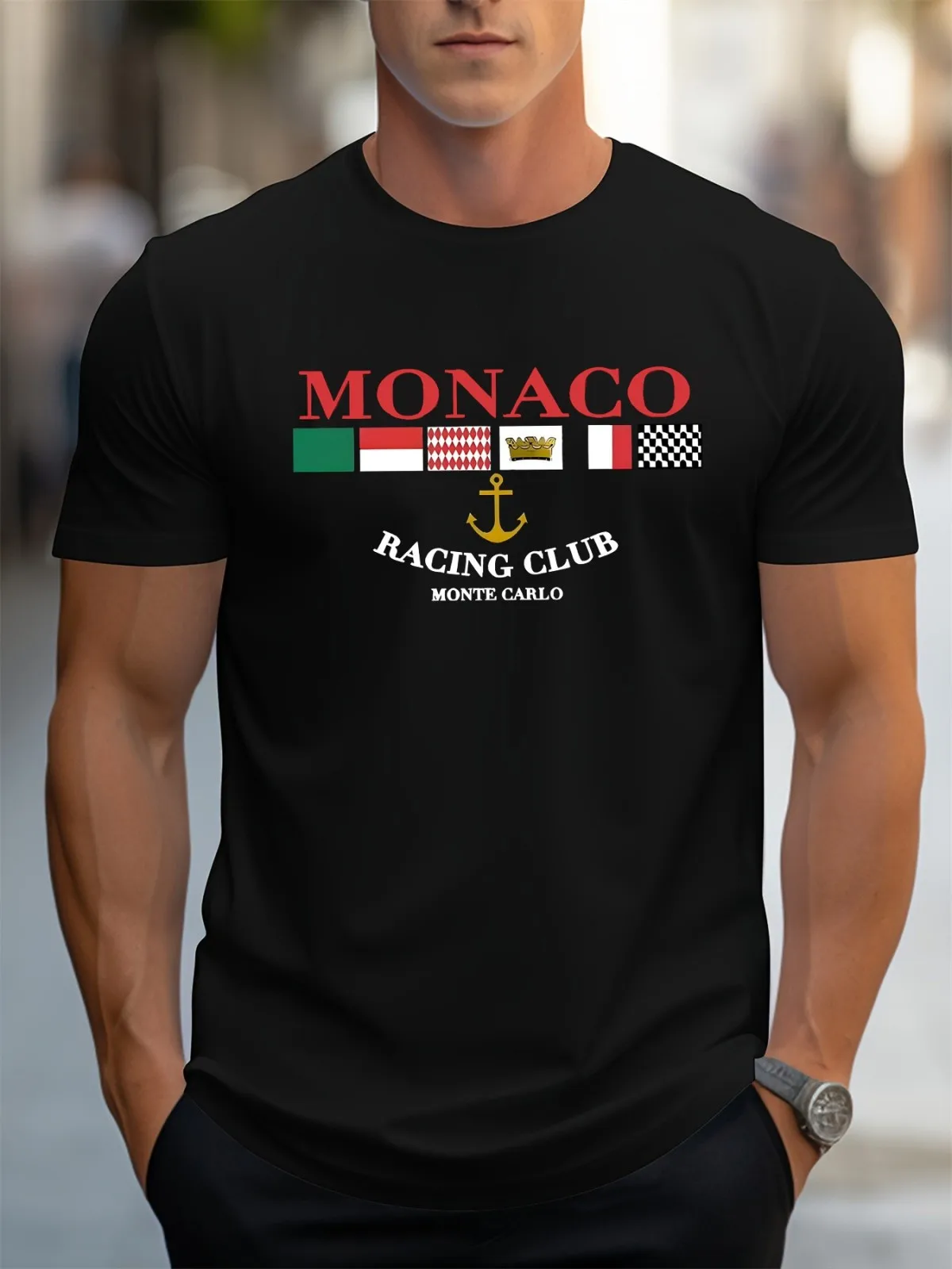

European and American men's summer fashion MONACO letter print comfortable and breathable round neck T-shirt outdoor casual top