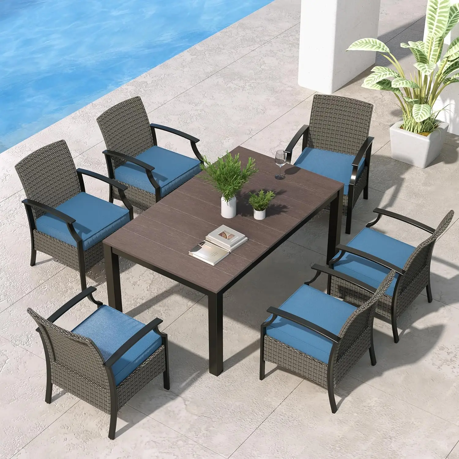 

E-Coated Dining Chairs Traditional Wicker Patio Furniture, Including Chairs with Cushions & Wood Grain Table with Umbrella Hole