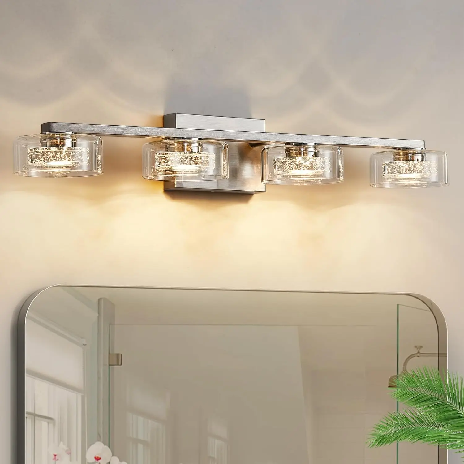 

4 Light Bathroom Vanity Over Mirror, Modern Crystal Brushed Nickel Vanity Lights with Clear Glass Shade for Bedroom Living Room