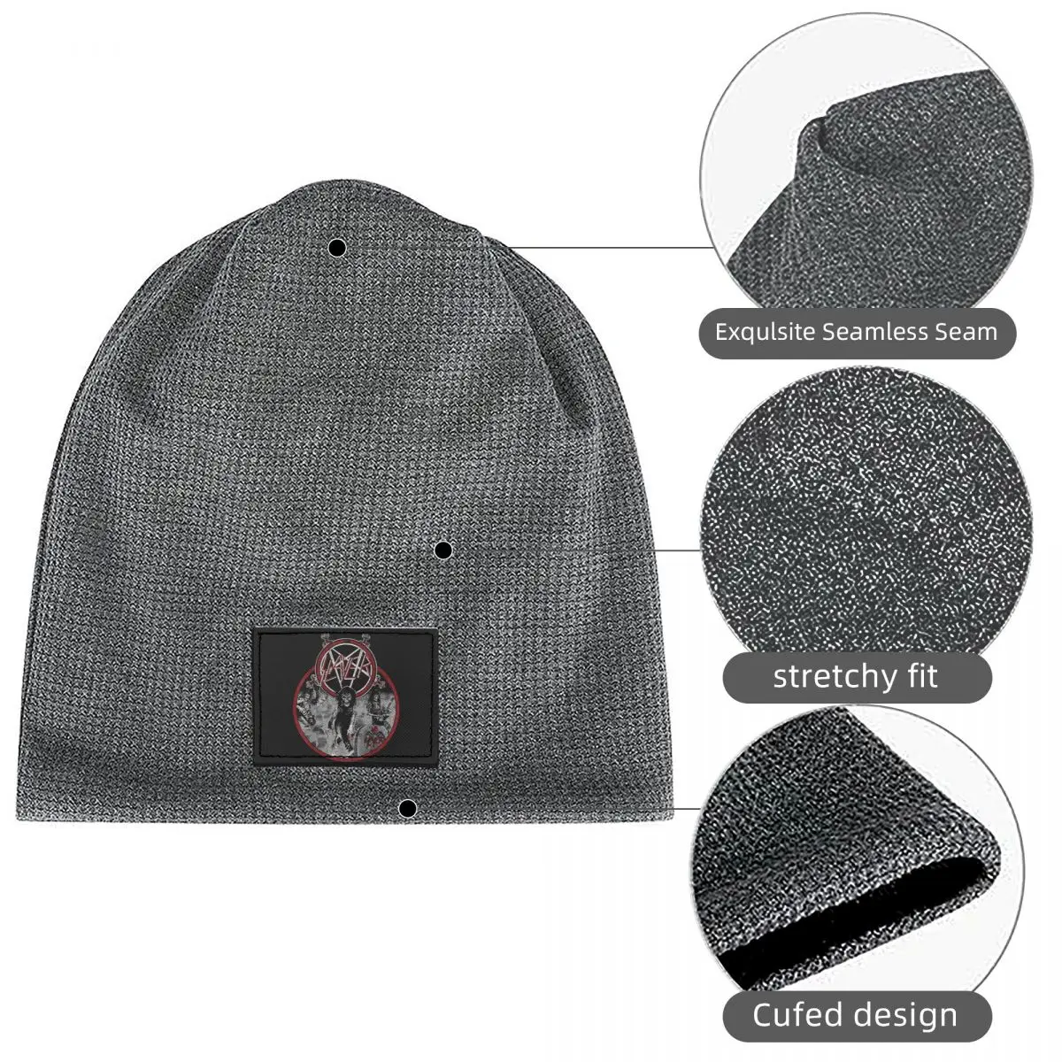 Heavy Metal Rock Slayer Live Undead Waffle Knit Fleece Lined Beanie with PU Leather Patch Unisex Warm Winter Soft Cap