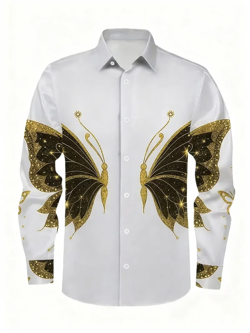 

New men's butterfly pattern 3D printed shirt with clover high-quality casual long sleeved shirt and lapel top
