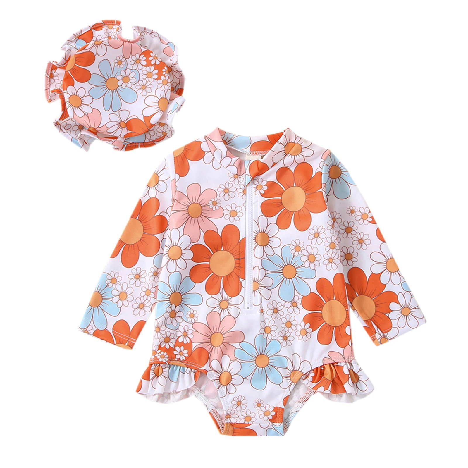 

Infant Girl's Summer Swimsuit Flower Print Long Sleeve Round Neck Zipper Closure Ruffle Bikini Swimming Cap