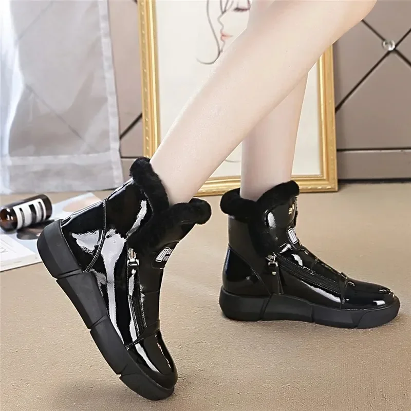 4CM Platform Wedge Sneakers Women ZIP Ankle Booties Genuine Leather Chunky Autumn Winter Plush Warm Fur Comfortable Snow boots