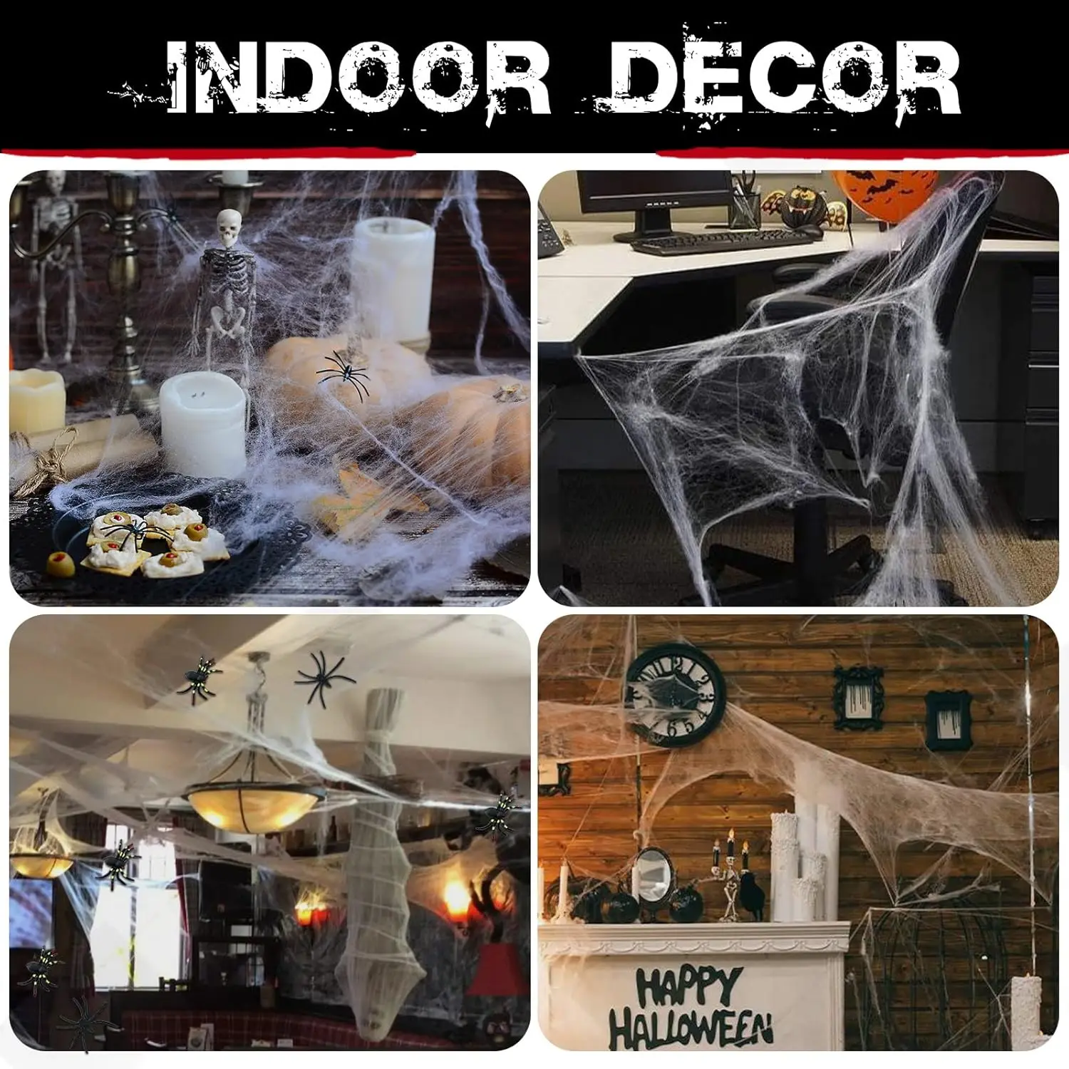 200 Quadratfuß große Spinnennetze als Halloween-Dekoration mit künstlichen Spinnen, superdehnbare Spinnweben für Halloween-Partys im Innen- und Außenbereich. – Detail 2