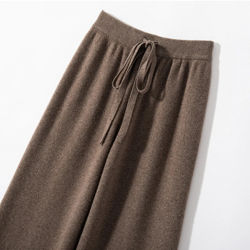 Autumn and Winter New Women Pants 100% Cashmere Soft Comfortable High-Waist Knitted Trousers Female Loose Thicken Wide Leg Pants