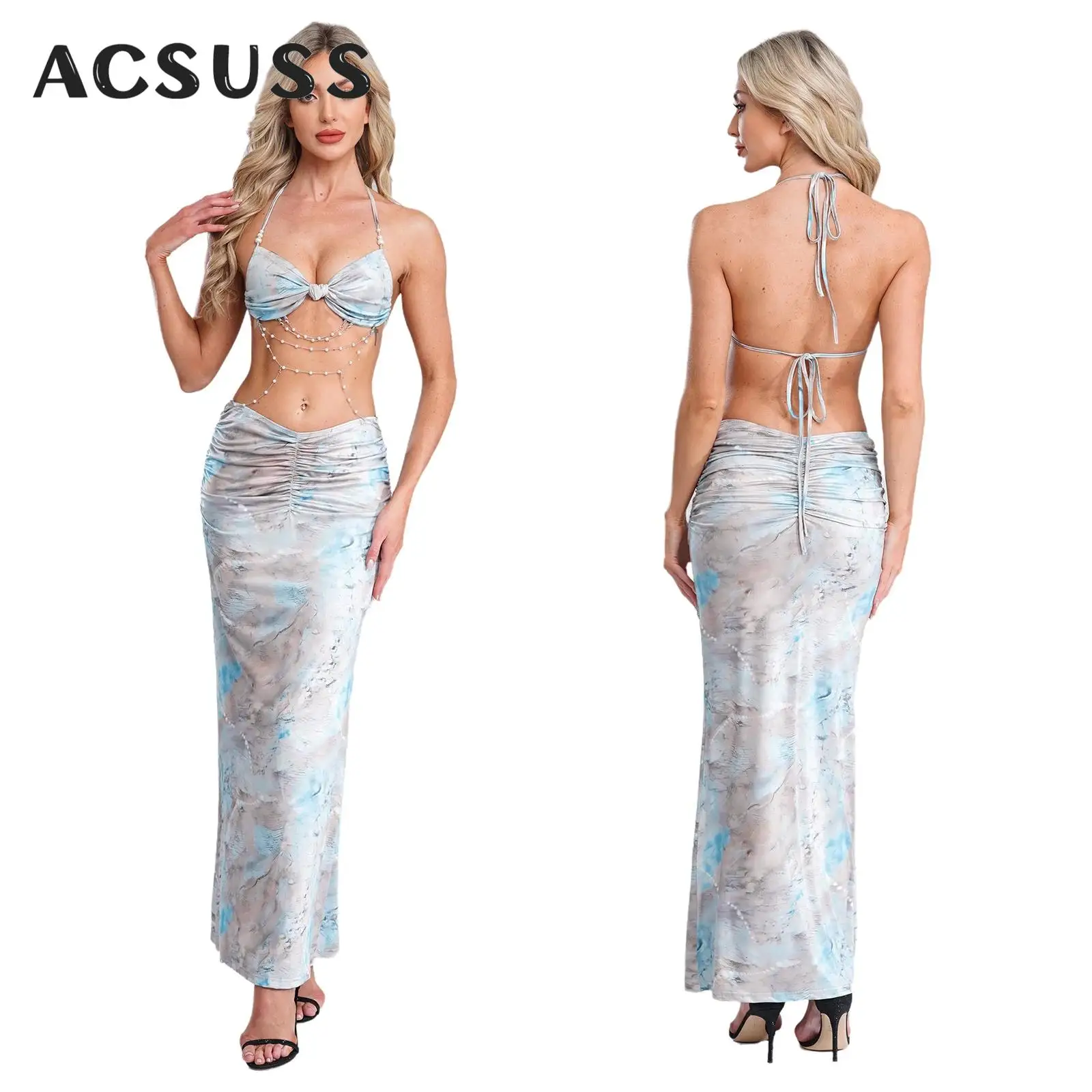 المرأة بوهو فستان مُزين بطباعة مثير الرسن حمّالة الصّدر مع فو اللؤلؤ سلسلة Ruched ماكسي تنورة لقضاء عطلة الاستوائية حفلة بحر