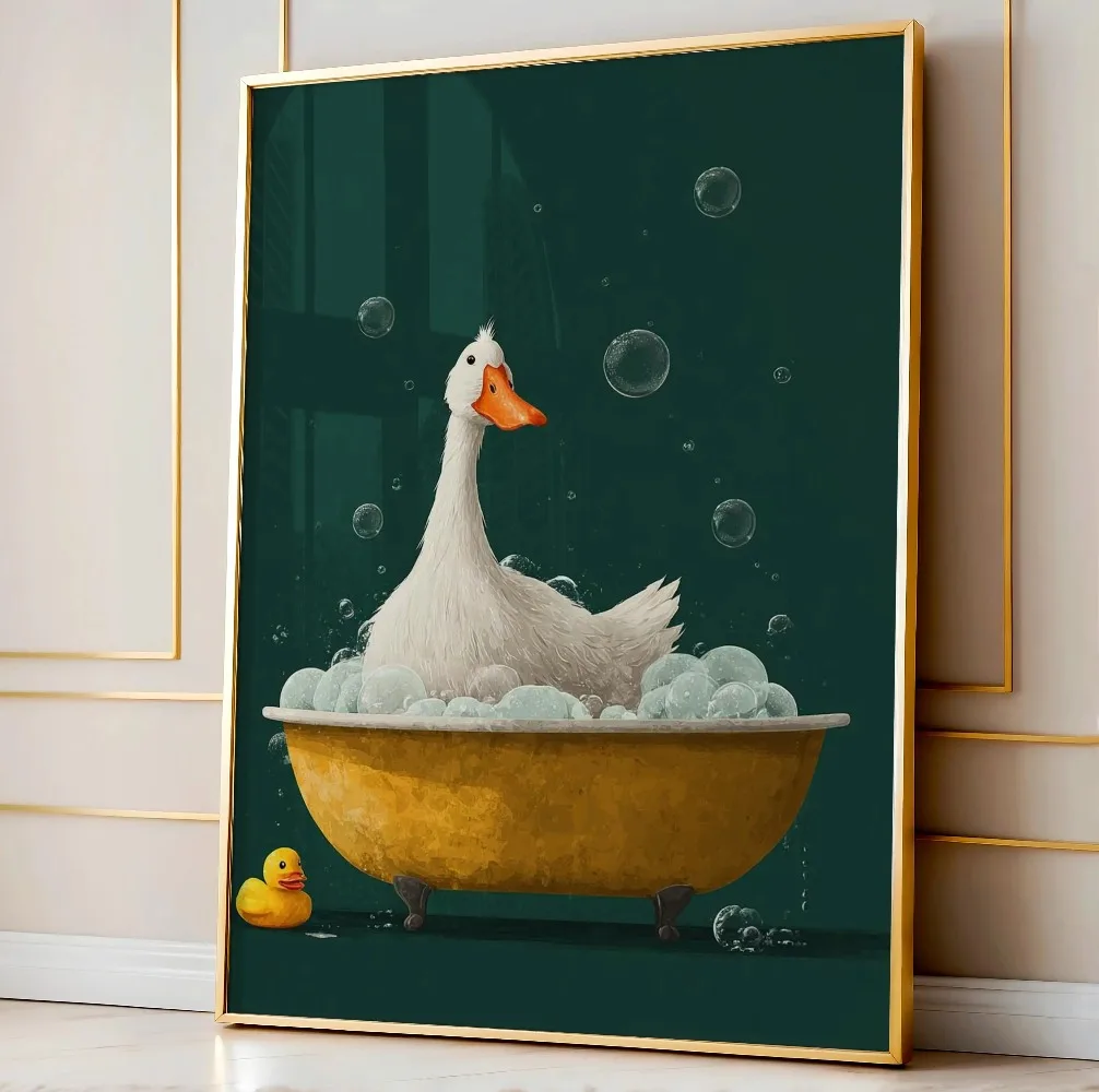 Cute Goose Taking A Bath And Brushing Teeth Art Posters Fresh Green Lovely Animal Canvas Painting Modern Bathroom Decor