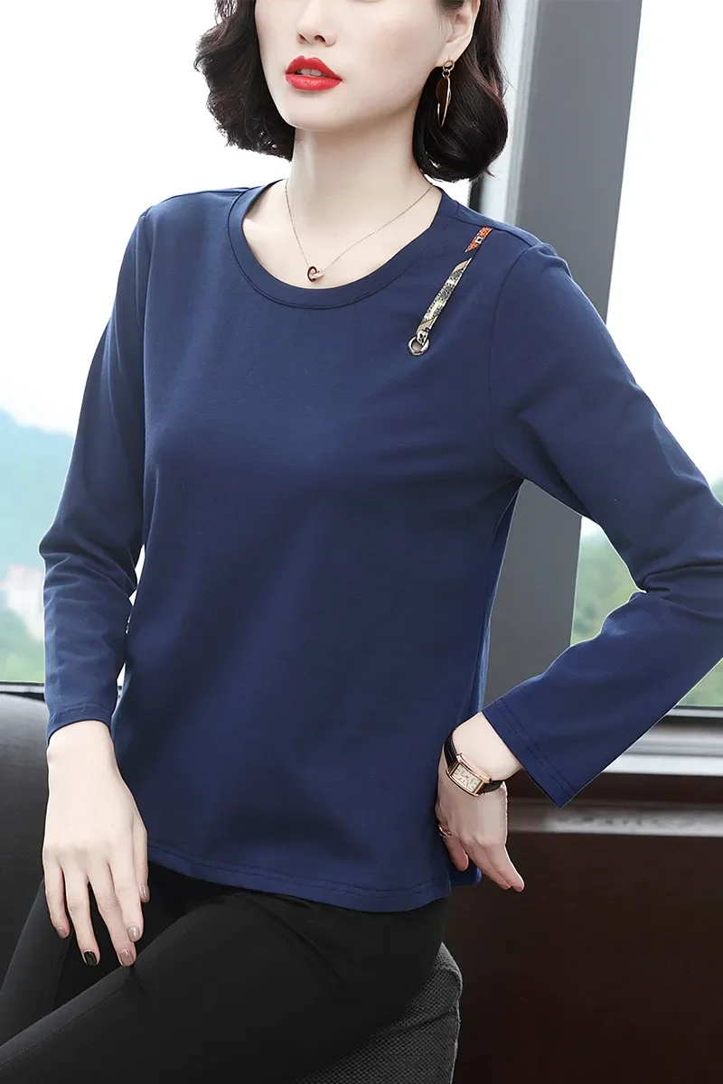 Womens Navy Blue Long Sleeve Crew Neck Top with Decorative Strap Detail