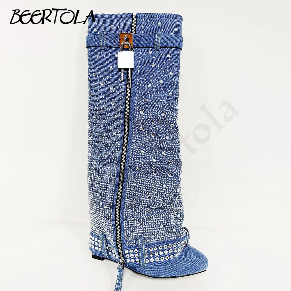 Women\'s Wedge Heel Full Diamond Cowboy Boots Rhinestone Round Toe Belt Buckle Zipper Boots Large Size Fashion Casual Boots