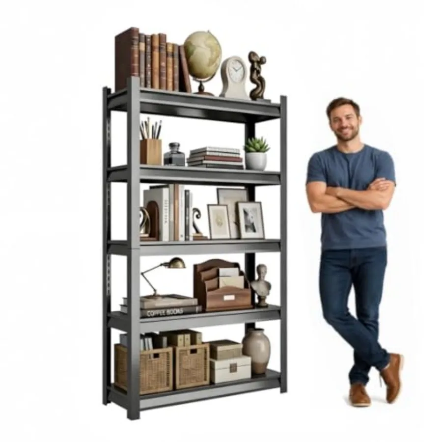 5-Tier Bookcase with Adjustable Storage Shelves, Metal Bookshelf with Book Stopper, Book Cases for Library, Office, Living Room