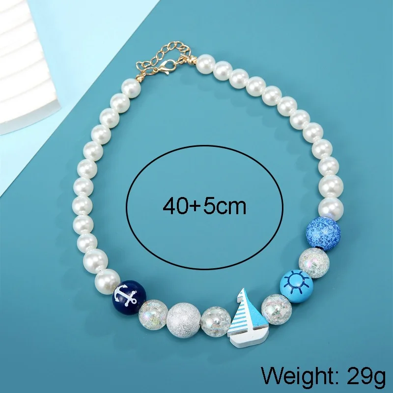 Holiday ocean wind neck chain women's pearl beaded short necklace wholesale blue European and American cross-border fashion pers