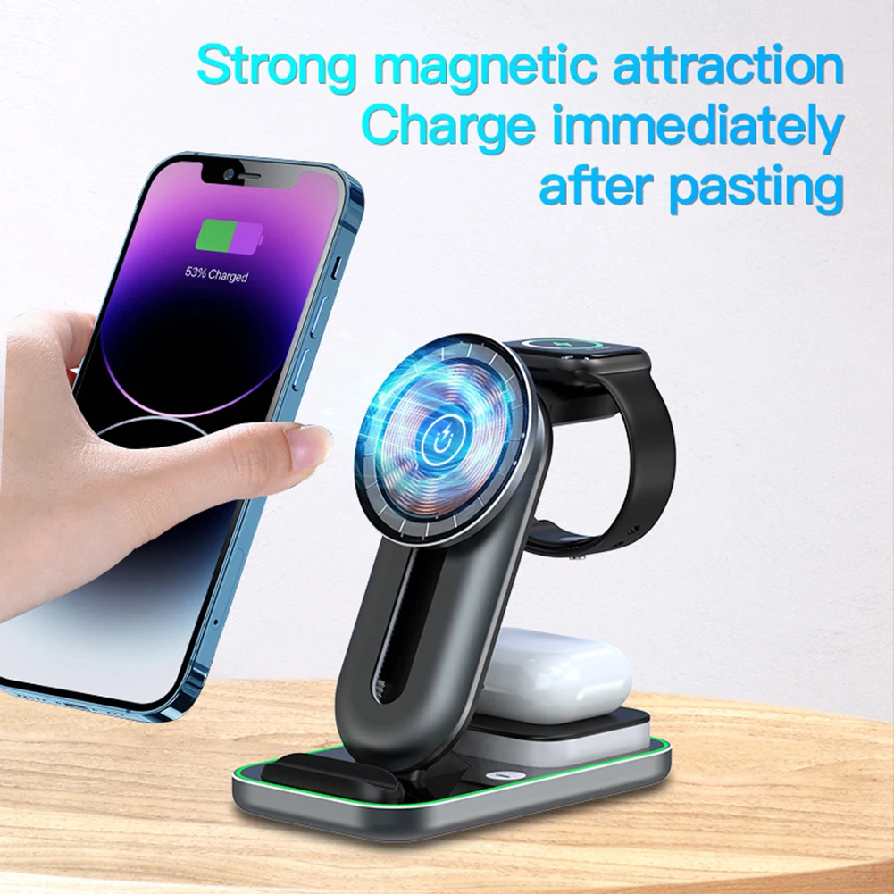 Chargeur magnétique sans fil portable, 3 en 1, charge rapide, casque, téléphone, montre, mode