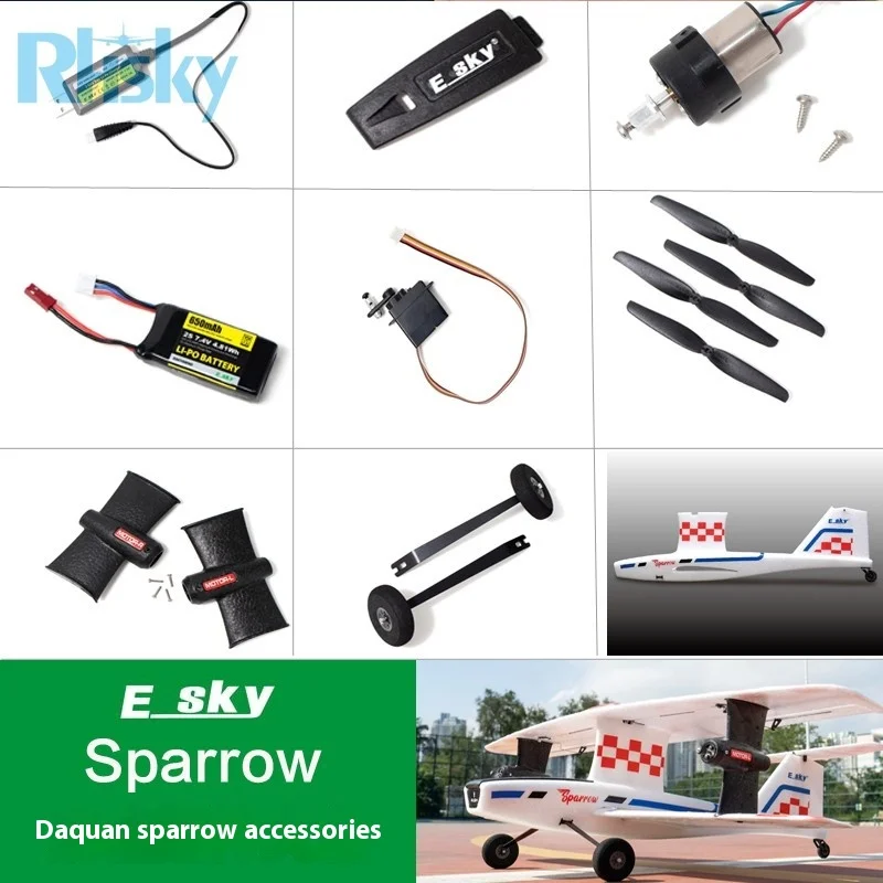 Accessoires pour biplan Esky Sparrow, fusélage, ailes principales, hélices, compartiments pour moteurs, train d'atterrissage, moteurs, supports d'ailes